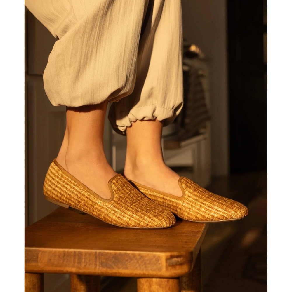 Sz 6.5 Birdies Starling Tan Woven Raffia Cushioned Slippers Loafers Shoes EUC!